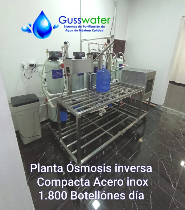 PLANTA INDUSTRIAL ÓSMOSIS INVERSA COMPACTA ACERO INOXIDABLE 1.800 BOTELLONES DÍA.